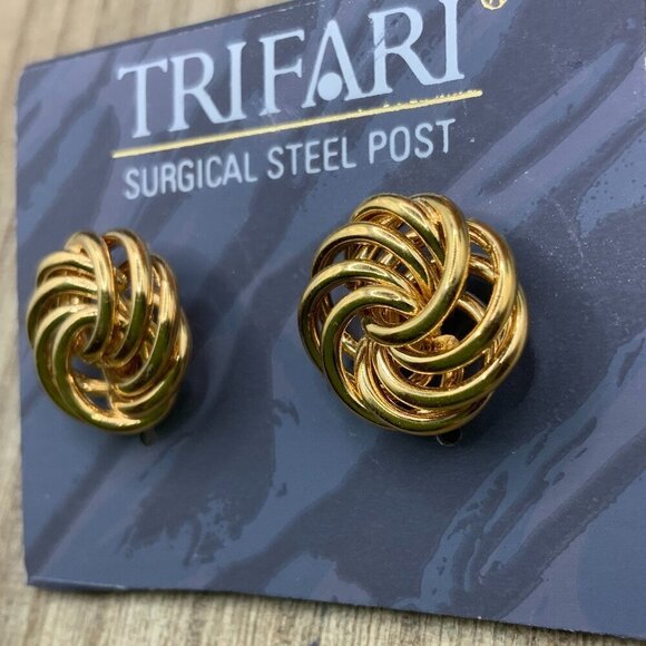 Trifari Gold Tone Swirl Knot Steel Post Earrings - Picture 3 of 7